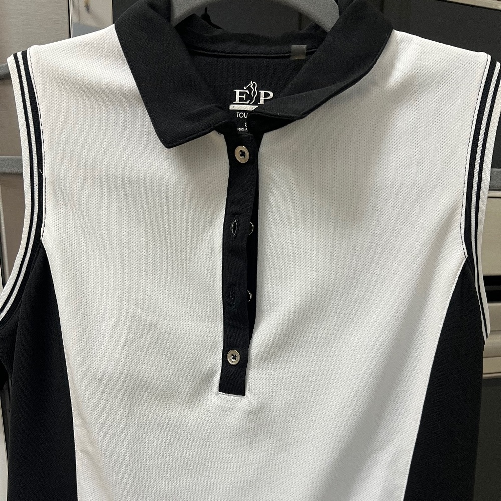 Ladies black and white sleeveless golf shirt S, EP Tour Tech